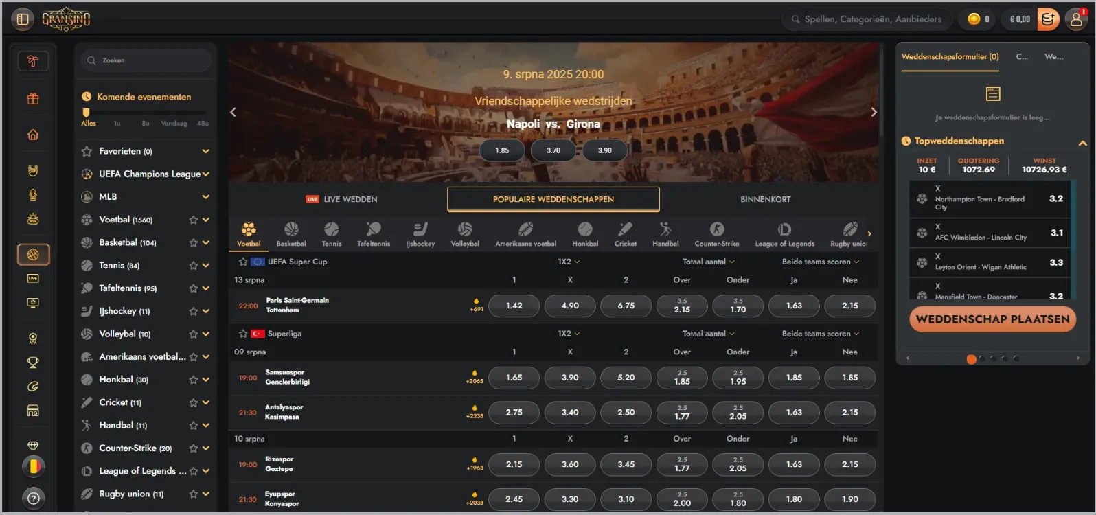 Overzicht van de Gransino sportsbook met sportevenementen en wedden op verschillende markten